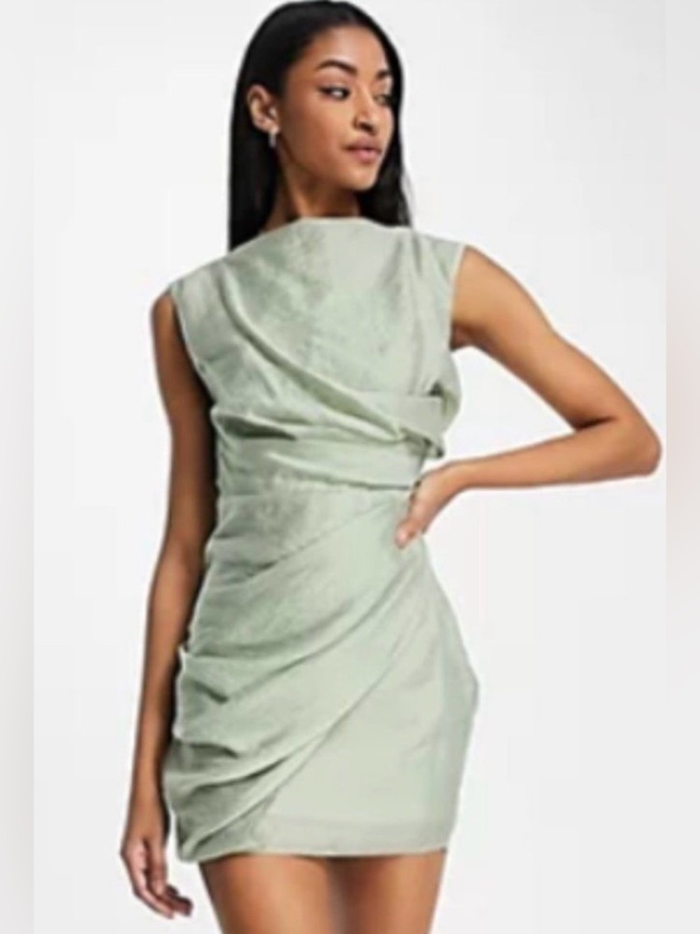 ASOS DESIGN Drape Mini Dress Wrap Skirt Sage Green Size 8 Open Back Ruched Party
